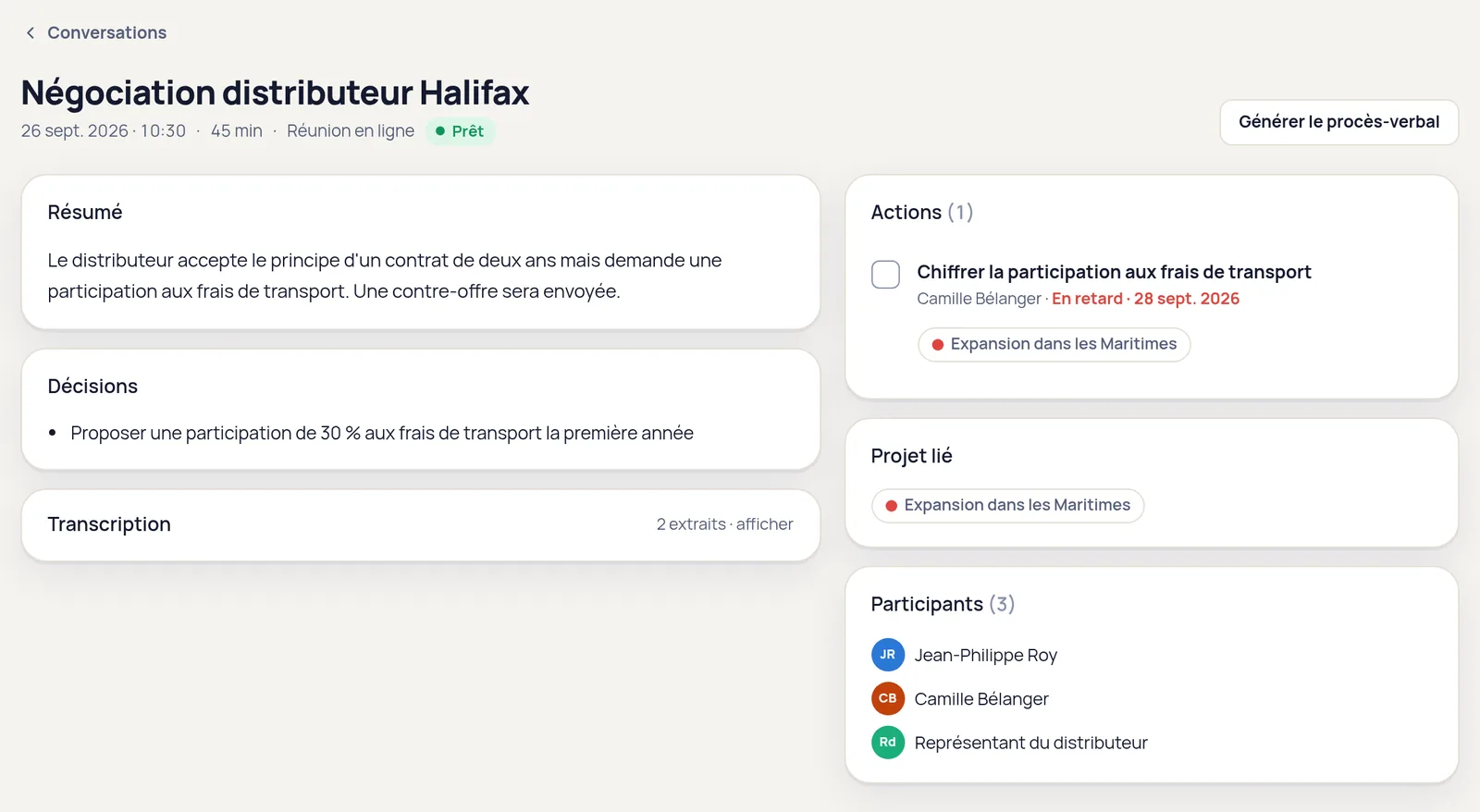 Conversation Echo avec résumé, décisions et actions